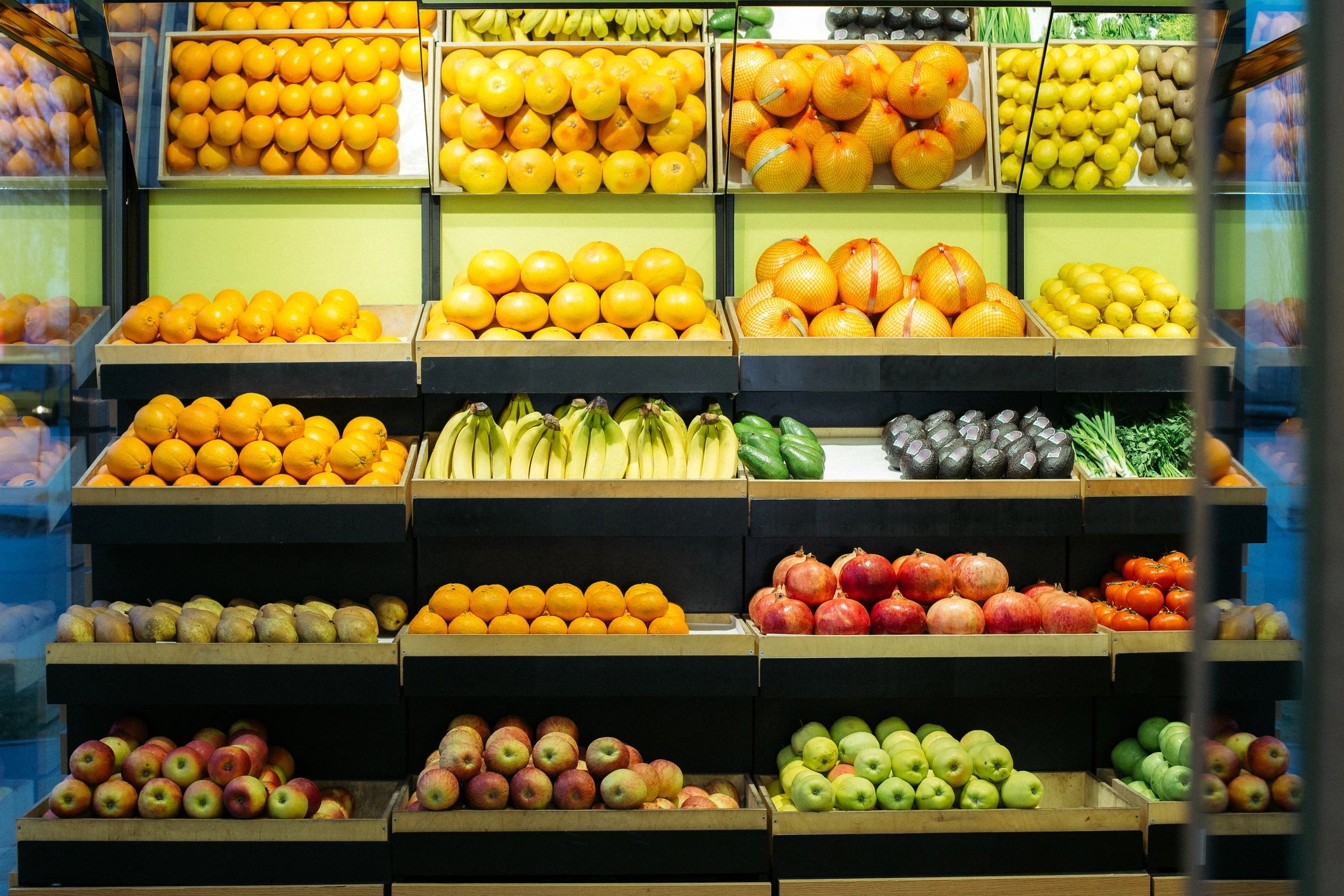 Fresh fruit displayed on supermarket shelves