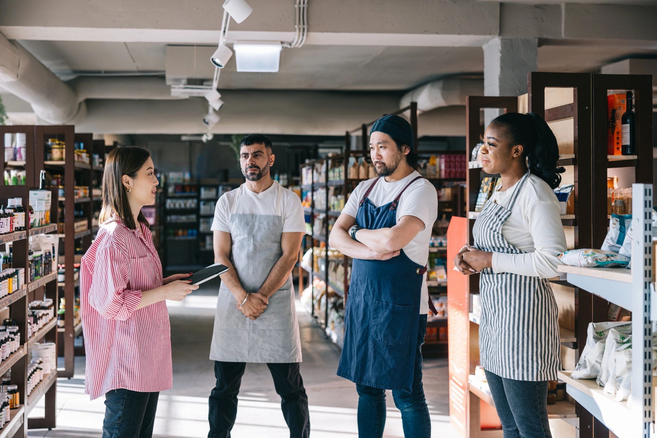 Supermarket manager speaking with store employees